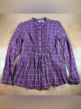 L.L. Bean Purple Plaid Button-Front Waist-Detail Blouse